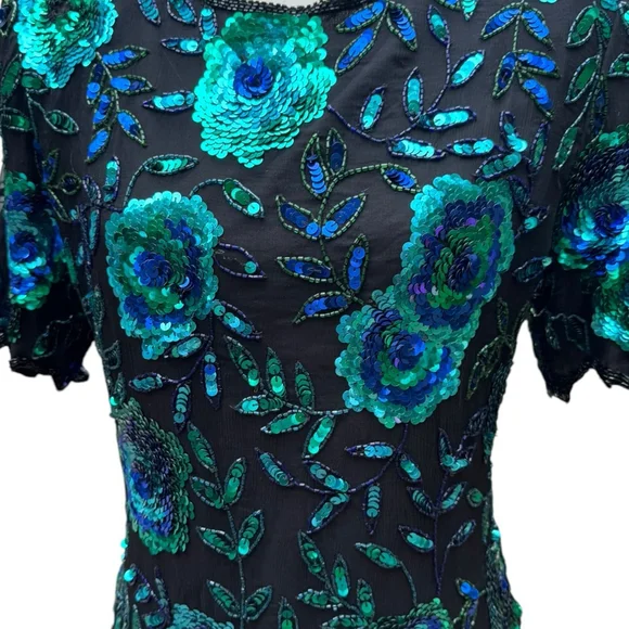 Laurence Kazar Vintage Sequin Silk Beaded Top Medium Floral Glam 80s 90s Party - Picture 3 of 15